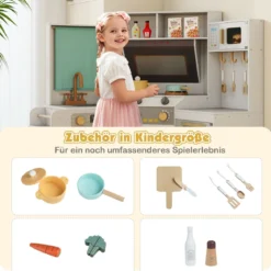 Eckküche mit Lichtern & Geräuschen Holzküche mit herausziehbarem Mülleimer Vorhang Spüle Herd Mikrowelle Grau