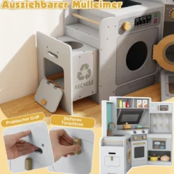 Eckküche mit Lichtern & Geräuschen Holzküche mit herausziehbarem Mülleimer Vorhang Spüle Herd Mikrowelle Grau