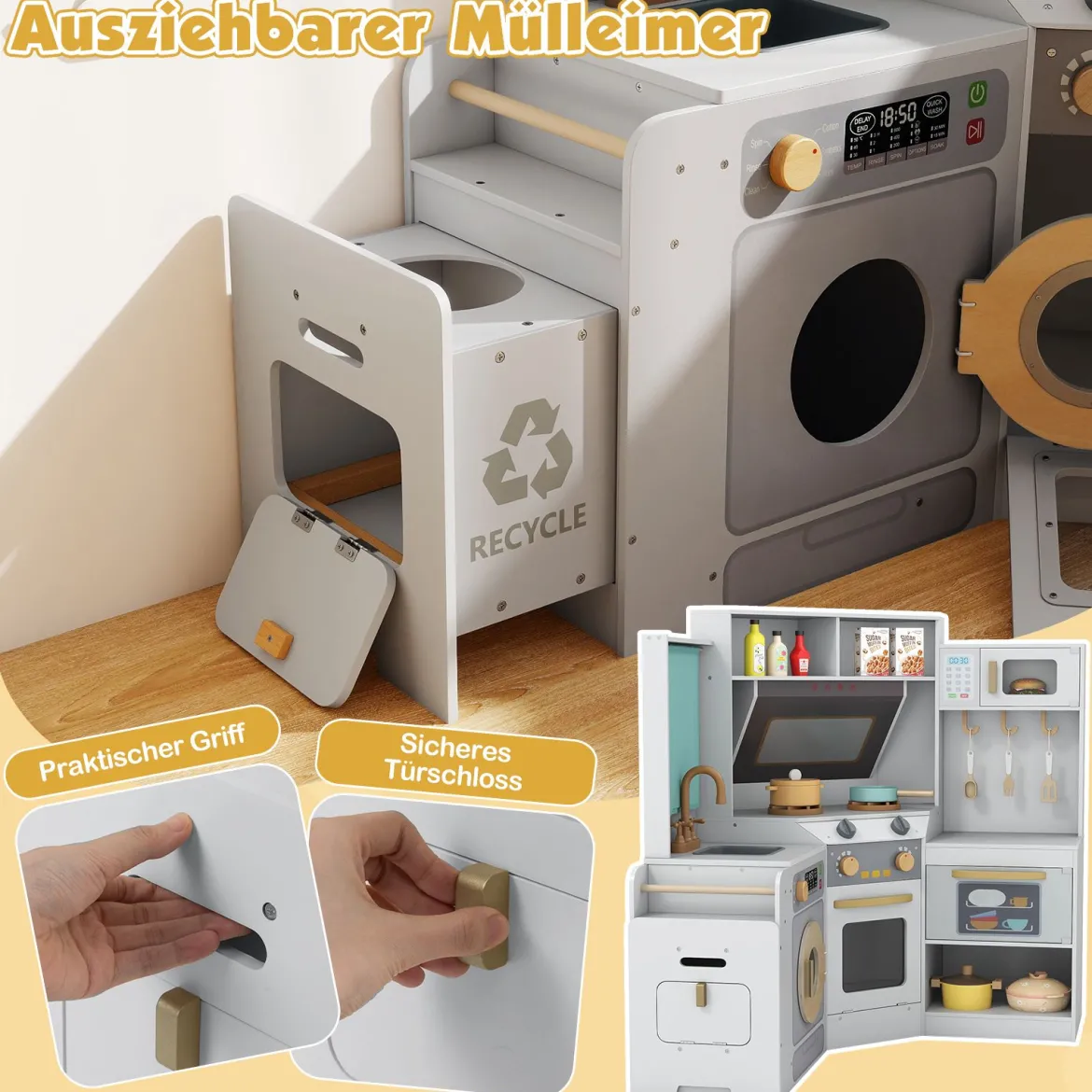 Eckküche mit Lichtern & Geräuschen Holzküche mit herausziehbarem Mülleimer Vorhang Spüle Herd Mikrowelle Grau