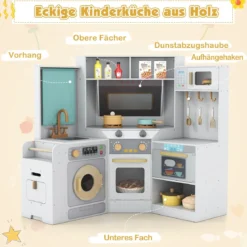 Eckküche mit Lichtern & Geräuschen Holzküche mit herausziehbarem Mülleimer Vorhang Spüle Herd Mikrowelle Grau
