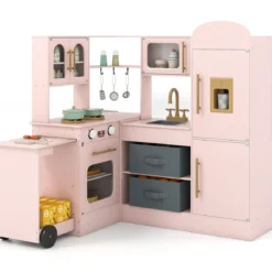 Eckküche mit Licht und Sound Holzspielset mit ausziehbarer Arbeitsplatte Spüle Herd Ofen Kühlschrank Rosa