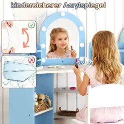 Eck-Kinderschminktisch mit Spiegel & Beleuchtung Prinzessinnen-Schminktisch mit Stuhl-Set Kosmetiktisch Blau