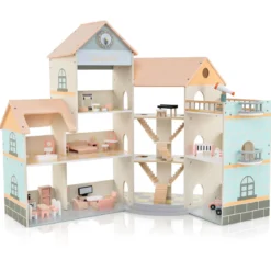 Eck-Puppenhaus aus Holz mit Rosa Dach & 41 Möbelstücken & Zubehör Puppenstube DIY Traumhaus Orange