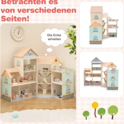 Eck-Puppenhaus aus Holz mit Rosa Dach & 41 Möbelstücken & Zubehör Puppenstube DIY Traumhaus Orange