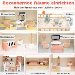 Eck-Puppenhaus aus Holz mit Rosa Dach & 41 Möbelstücken & Zubehör Puppenstube DIY Traumhaus Rosa