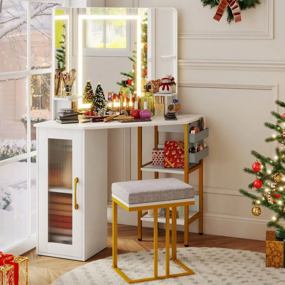 Eck Schminktisch mit Hocker & LED Beleuchtung & Ladestation Eck-Frisiertisch Kosmetiktisch