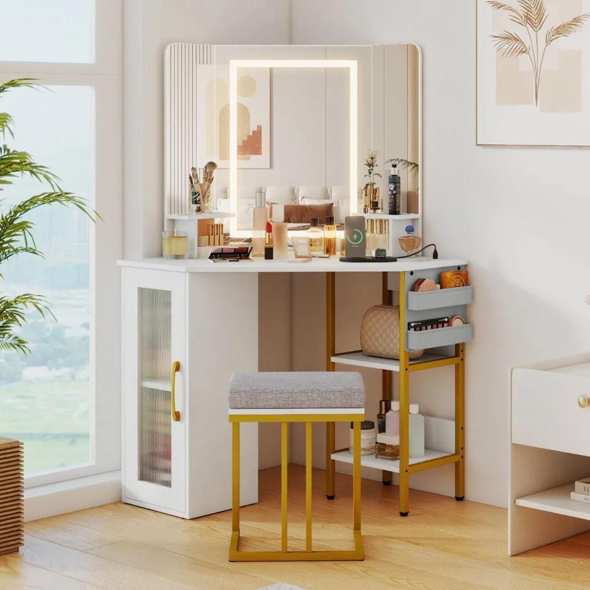 Eck Schminktisch mit Hocker & LED Beleuchtung & Ladestation Eck-Frisiertisch Kosmetiktisch