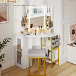 Eck Schminktisch mit Hocker & LED Beleuchtung & Ladestation Eck-Frisiertisch Kosmetiktisch