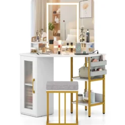 Eck Schminktisch mit Hocker & LED Beleuchtung & Ladestation Eck-Frisiertisch Kosmetiktisch