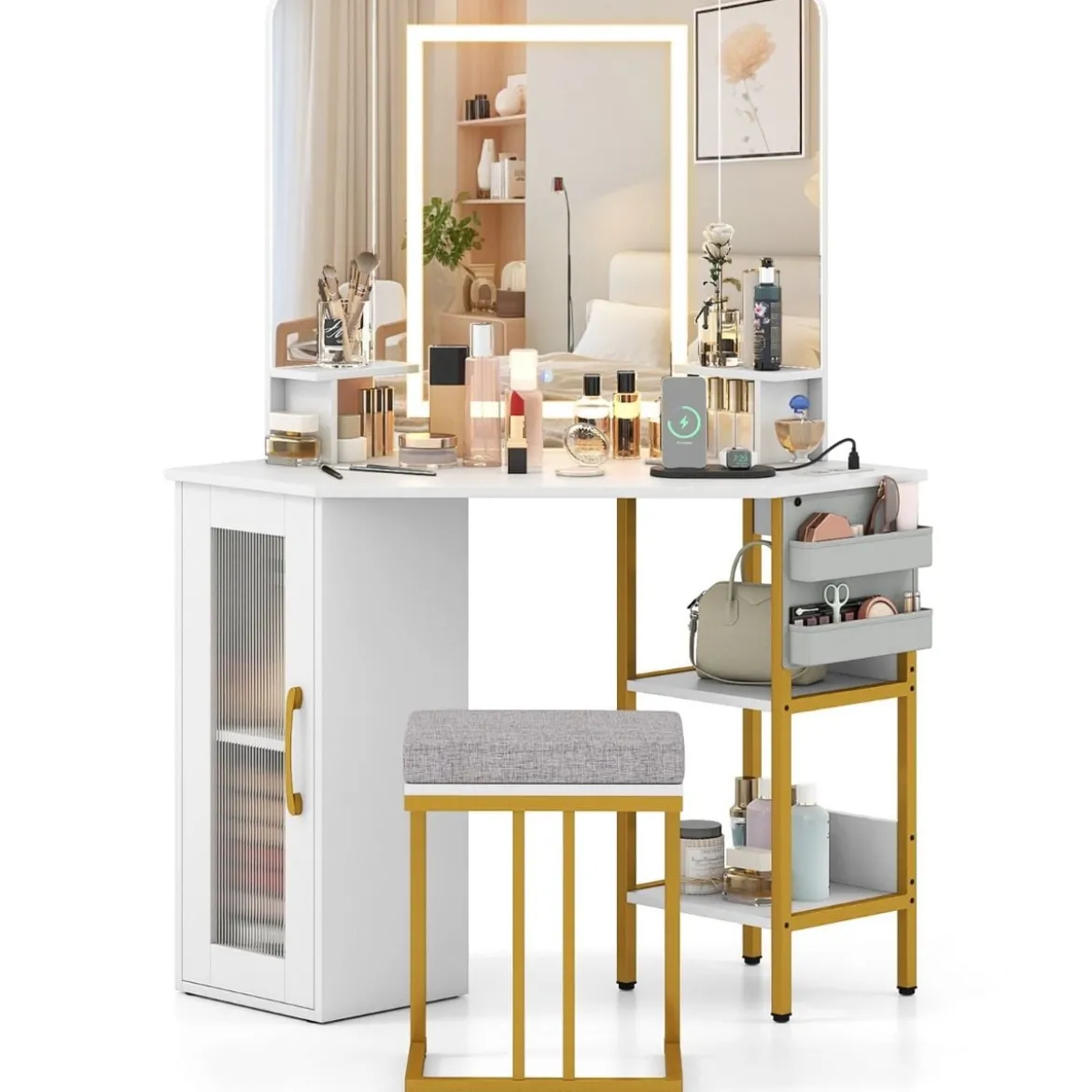 Eck Schminktisch mit Hocker & LED Beleuchtung & Ladestation Eck-Frisiertisch Kosmetiktisch