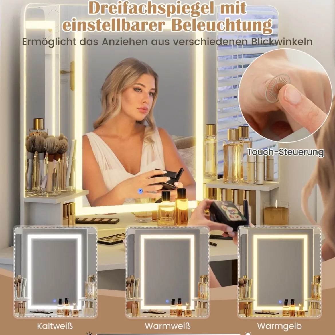 Eck Schminktisch mit Hocker & LED Beleuchtung & Ladestation Eck-Frisiertisch Kosmetiktisch