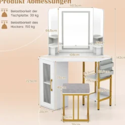 Eck Schminktisch mit Hocker & LED Beleuchtung & Ladestation Eck-Frisiertisch Kosmetiktisch