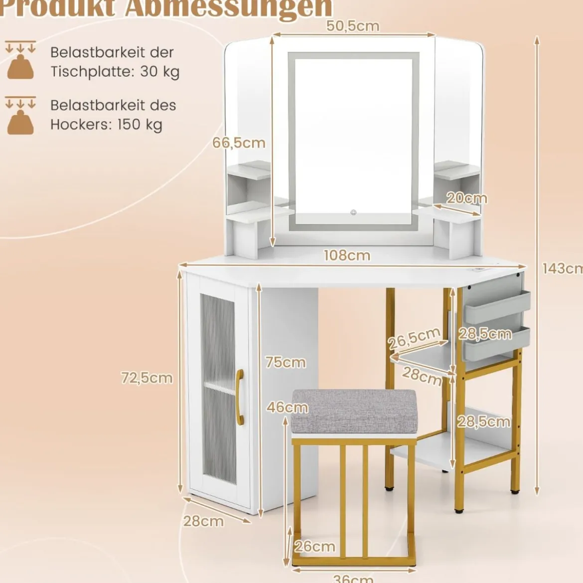 Eck Schminktisch mit Hocker & LED Beleuchtung & Ladestation Eck-Frisiertisch Kosmetiktisch