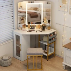 Eck Schminktisch mit Hocker & LED Beleuchtung & Ladestation Eck-Frisiertisch Kosmetiktisch