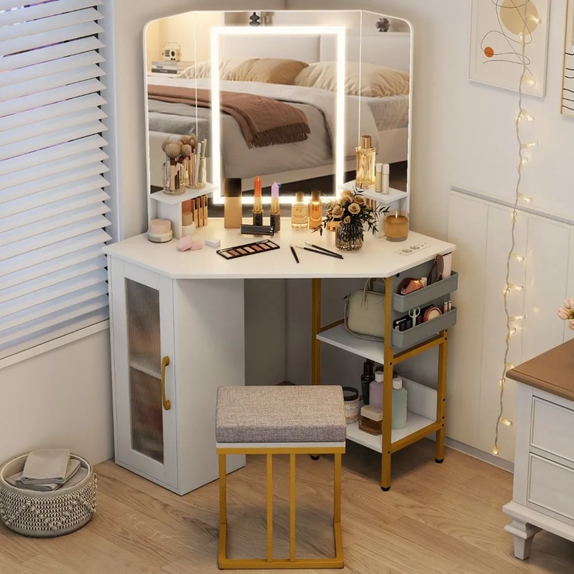 Eck Schminktisch mit Hocker & LED Beleuchtung & Ladestation Eck-Frisiertisch Kosmetiktisch