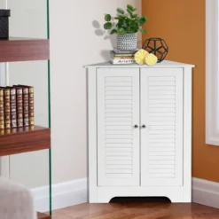 Eckschrank mit Lamellentür & Höhenverstellbarem Regal Platzsparend Badezimmerschrank Weiß