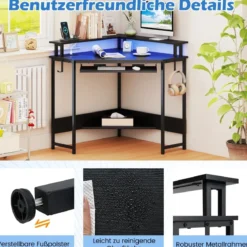 Eckschreibtisch mit Ladestation & LED & Tastaturablage & Monitorständer Gamingtisch Schwarz