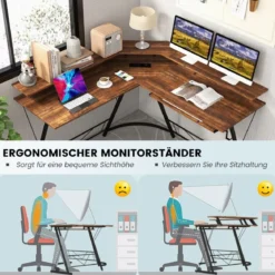 Eckschreibtisch mit Steckdose & USB-Ladeanschluss & Monitorständer Rustikales Braun