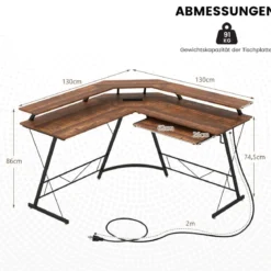 Eckschreibtisch mit Steckdose & USB-Ladeanschluss & Monitorständer Rustikales Braun