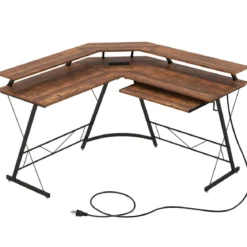 Eckschreibtisch mit Steckdose & USB-Ladeanschluss & Monitorständer Rustikales Braun