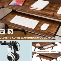 Eckschreibtisch mit Steckdose & USB-Ladeanschluss & Monitorständer Rustikales Braun