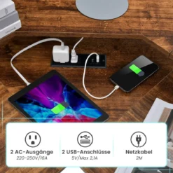 Eckschreibtisch mit Steckdose & USB-Ladeanschluss & Monitorständer Rustikales Braun