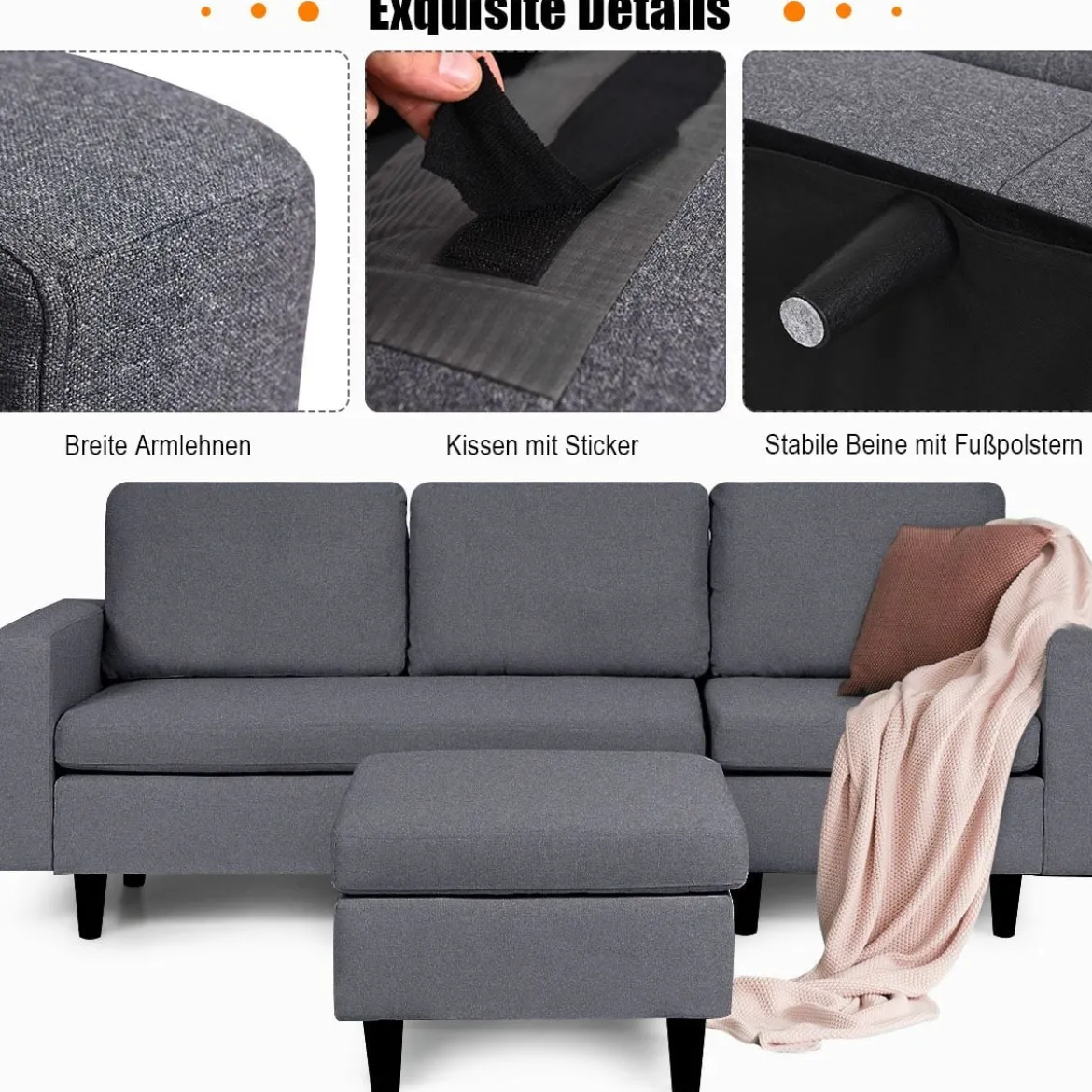 Ecksofa Wohnzimmer Anbausofa Stoffsofa Eckcouch Dunkelgrau