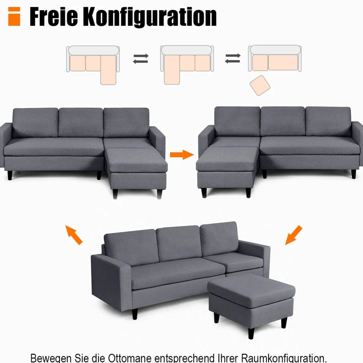 Ecksofa Wohnzimmer Anbausofa Stoffsofa Eckcouch Dunkelgrau