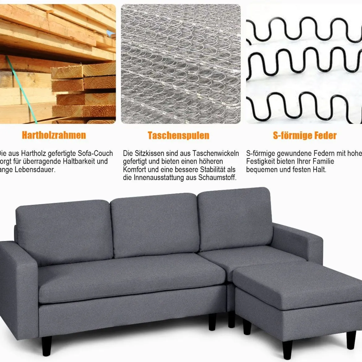 Ecksofa Wohnzimmer Anbausofa Stoffsofa Eckcouch Dunkelgrau