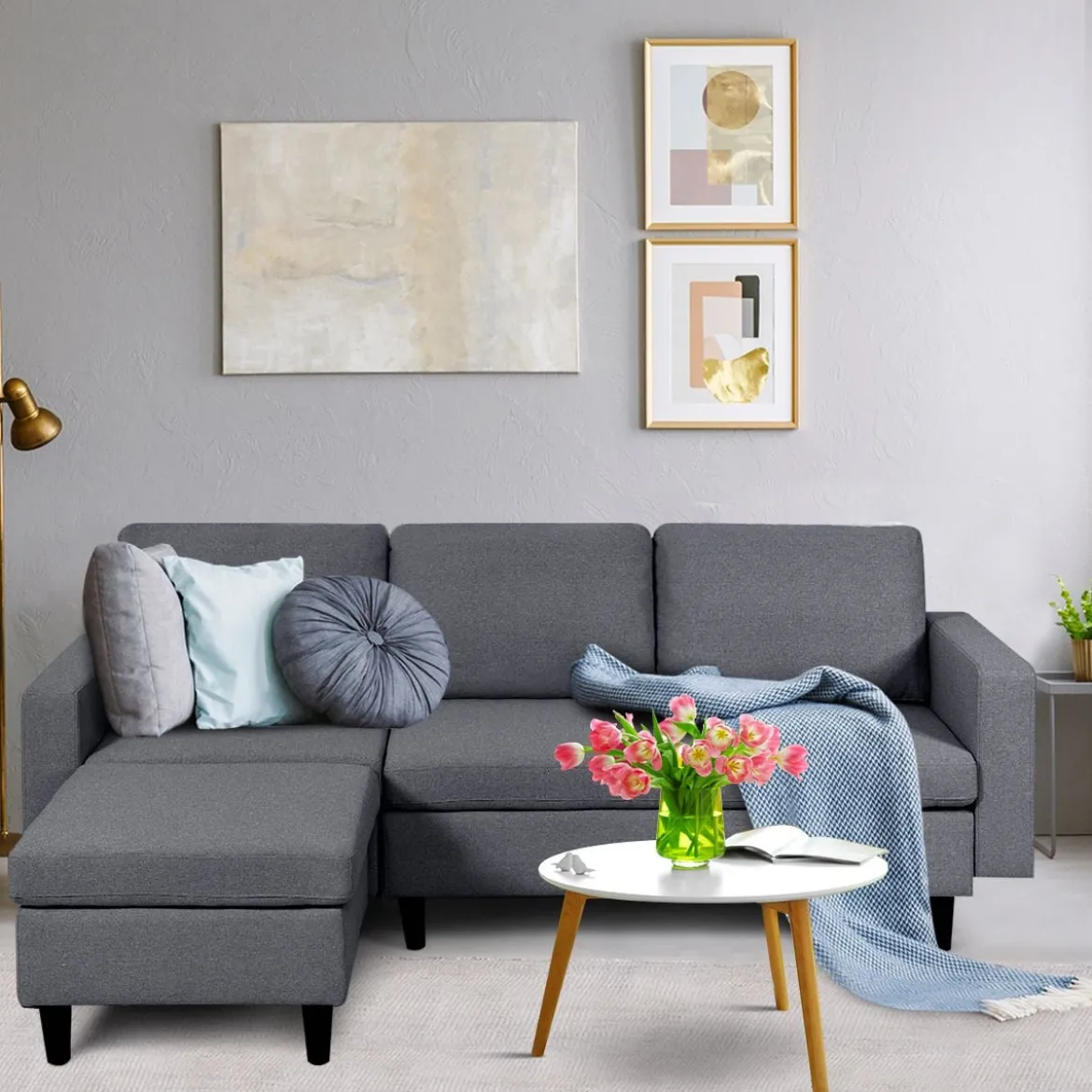 Ecksofa Wohnzimmer Anbausofa Stoffsofa Eckcouch Dunkelgrau