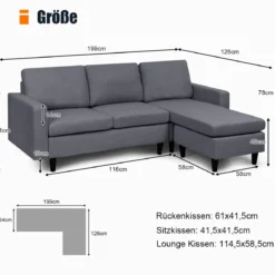 Ecksofa Wohnzimmer Anbausofa Stoffsofa Eckcouch Dunkelgrau
