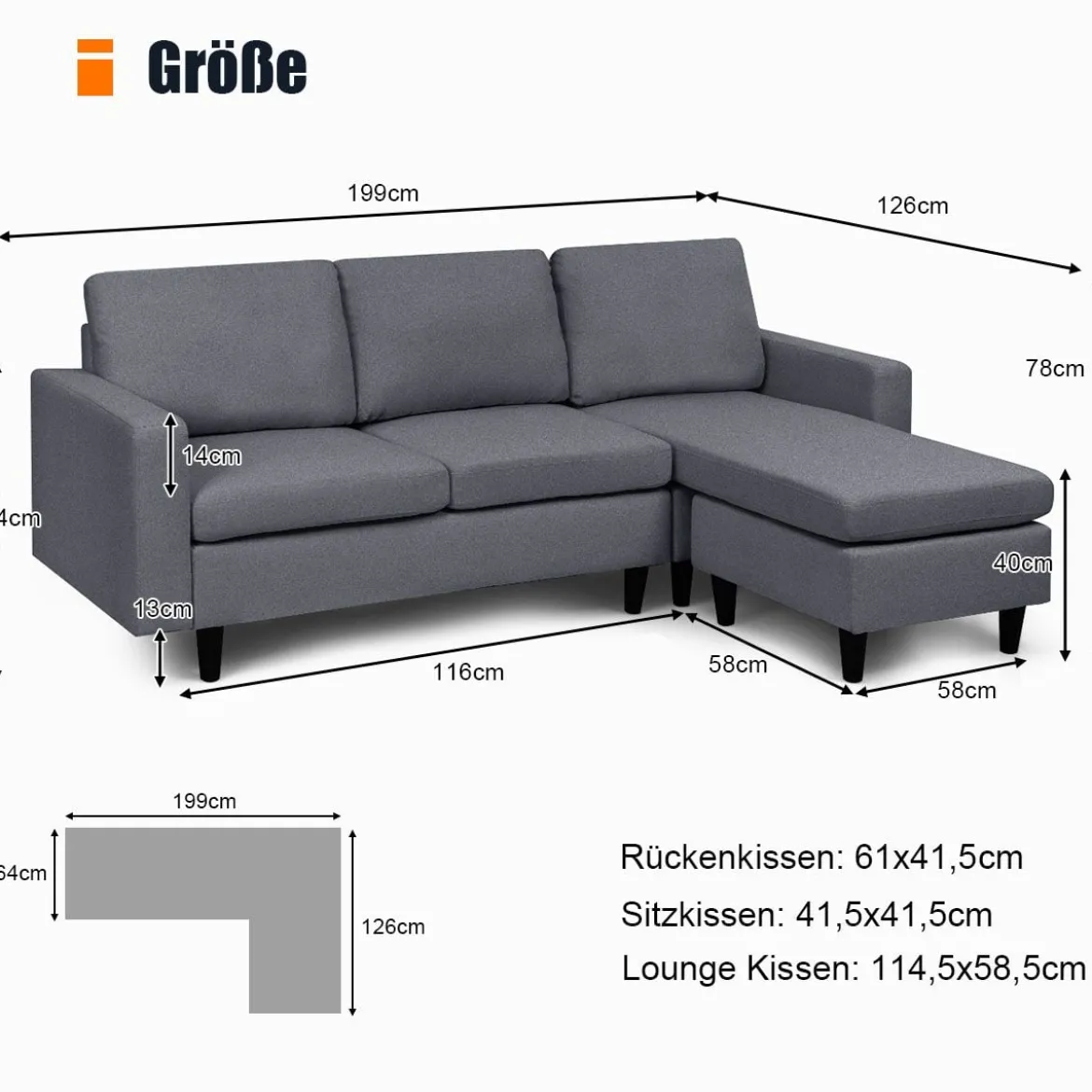 Ecksofa Wohnzimmer Anbausofa Stoffsofa Eckcouch Dunkelgrau
