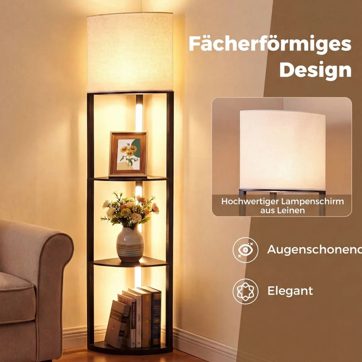 Eck-Stehlampe mit Regalen 3-stufiges Display-Regal mit dimmbaren LED-Leuchten Schwarz
