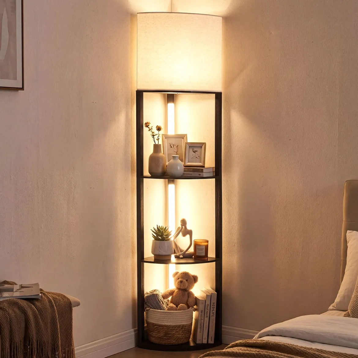 Eck-Stehlampe mit Regalen 3-stufiges Display-Regal mit dimmbaren LED-Leuchten Schwarz