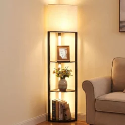 Eck-Stehlampe mit Regalen 3-stufiges Display-Regal mit dimmbaren LED-Leuchten Schwarz