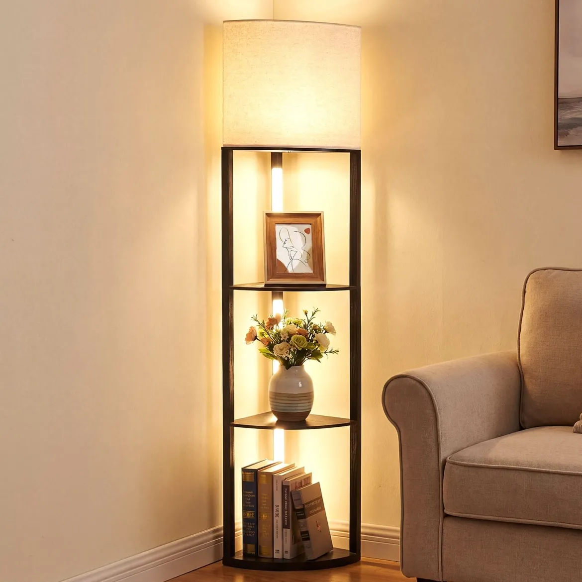 Eck-Stehlampe mit Regalen 3-stufiges Display-Regal mit dimmbaren LED-Leuchten Schwarz
