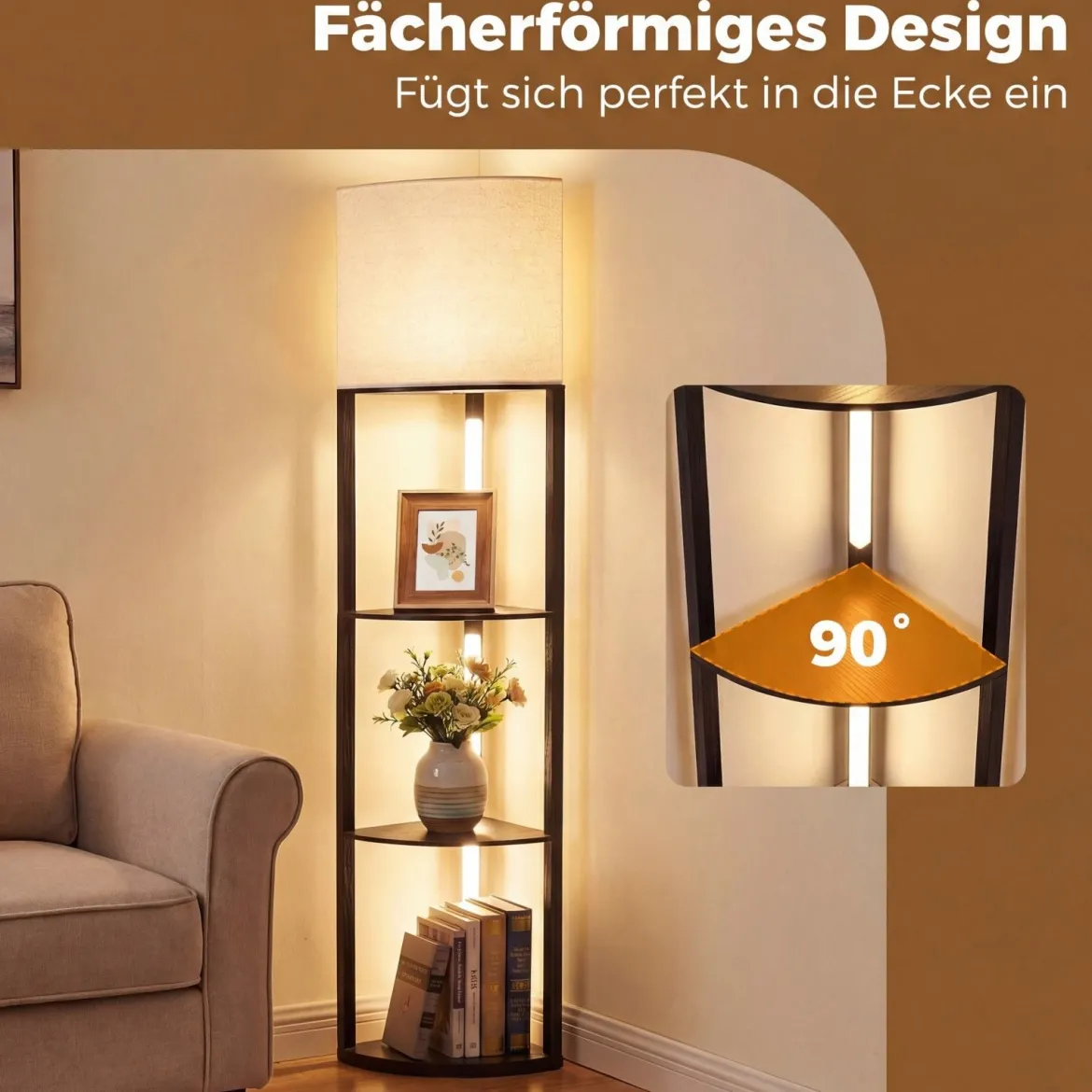 Eck-Stehlampe mit Regalen 3-stufiges Display-Regal mit dimmbaren LED-Leuchten Schwarz