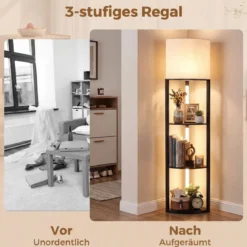 Eck-Stehlampe mit Regalen 3-stufiges Display-Regal mit dimmbaren LED-Leuchten Schwarz