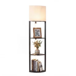 Eck-Stehlampe mit Regalen 3-stufiges Display-Regal mit dimmbaren LED-Leuchten Schwarz
