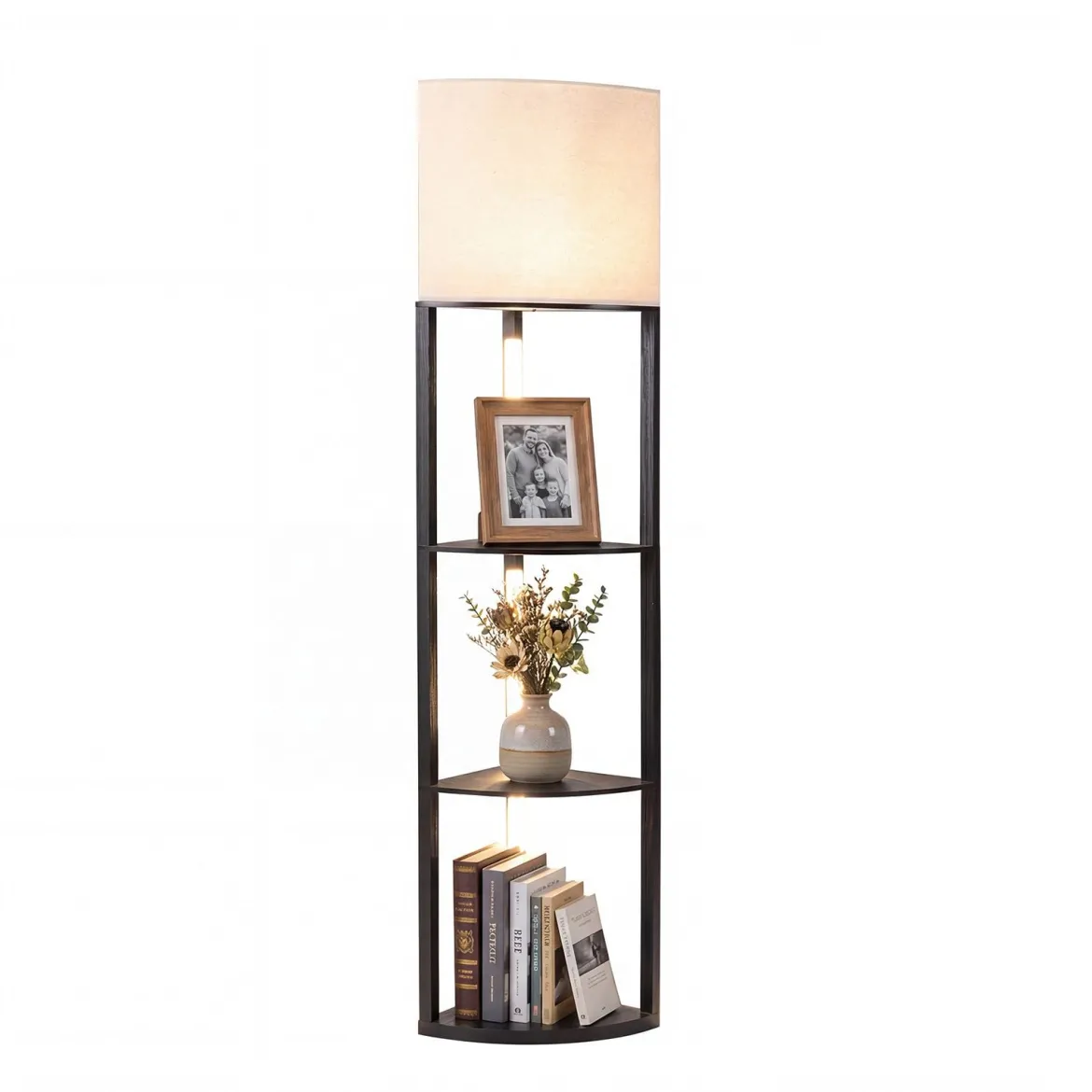 Eck-Stehlampe mit Regalen 3-stufiges Display-Regal mit dimmbaren LED-Leuchten Schwarz