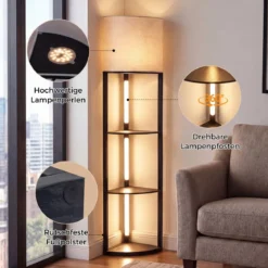 Eck-Stehlampe mit Regalen 3-stufiges Display-Regal mit dimmbaren LED-Leuchten Schwarz