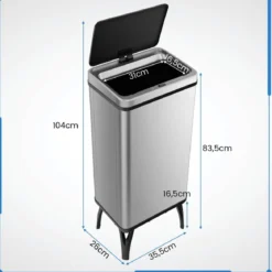 Edelstahl-Mülleimer 50 L Automatischer Bewegungssensor-Abfalleimer mit offener Deckel 33,5 x 26 x 83,5 cm Silber