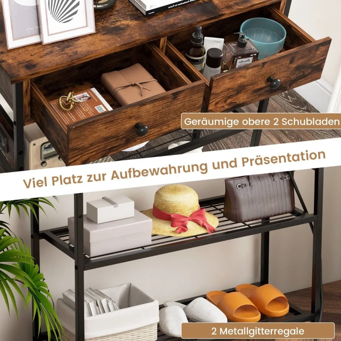 Eingangstisch Ladestation mit 2 Schubladen & 2 Metallgitterregalen Rustikales Braun