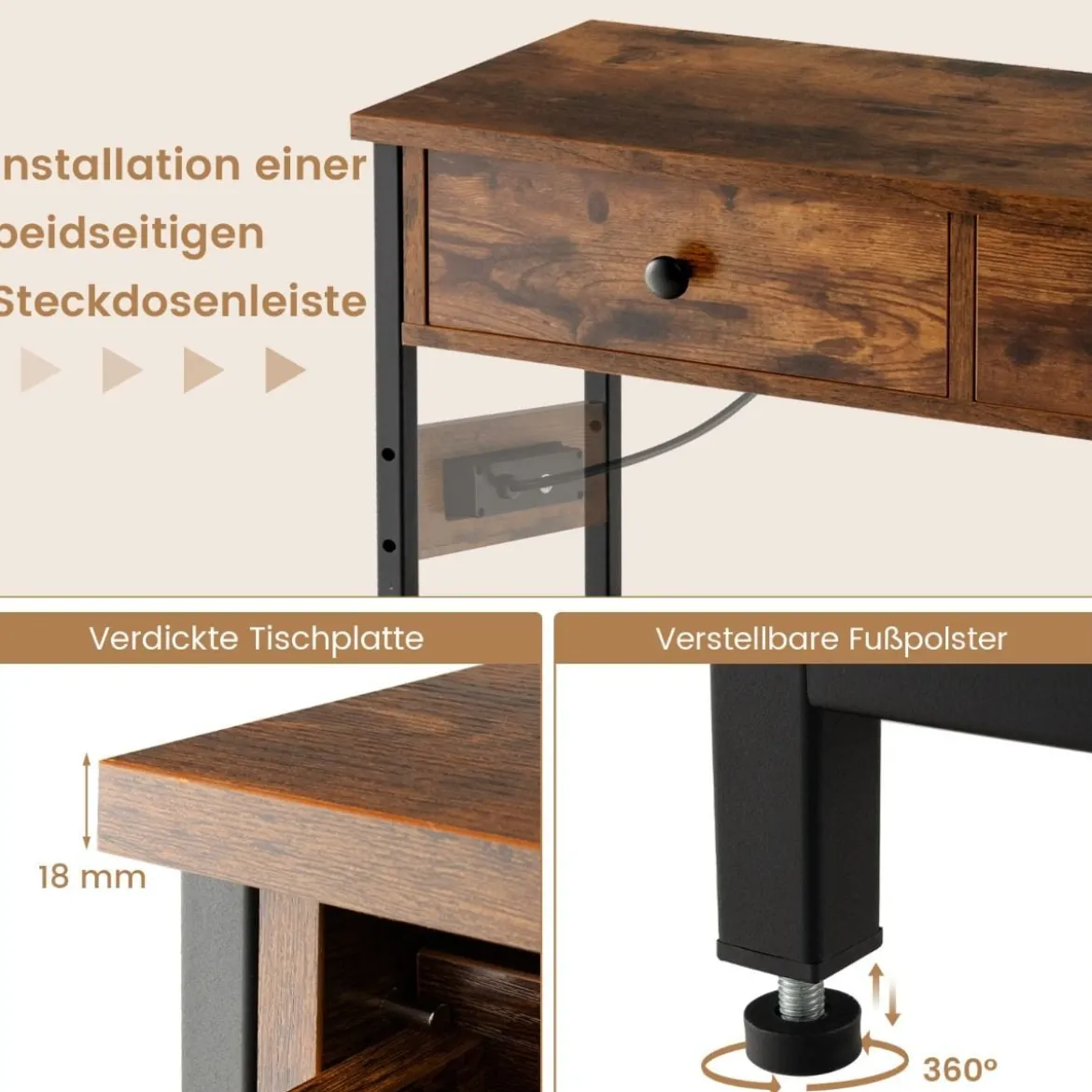 Eingangstisch Ladestation mit 2 Schubladen & 2 Metallgitterregalen Rustikales Braun