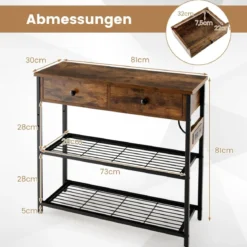 Eingangstisch Ladestation mit 2 Schubladen & 2 Metallgitterregalen Rustikales Braun