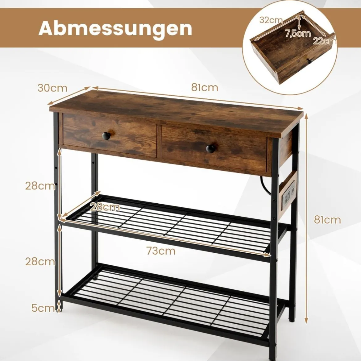 Eingangstisch Ladestation mit 2 Schubladen & 2 Metallgitterregalen Rustikales Braun