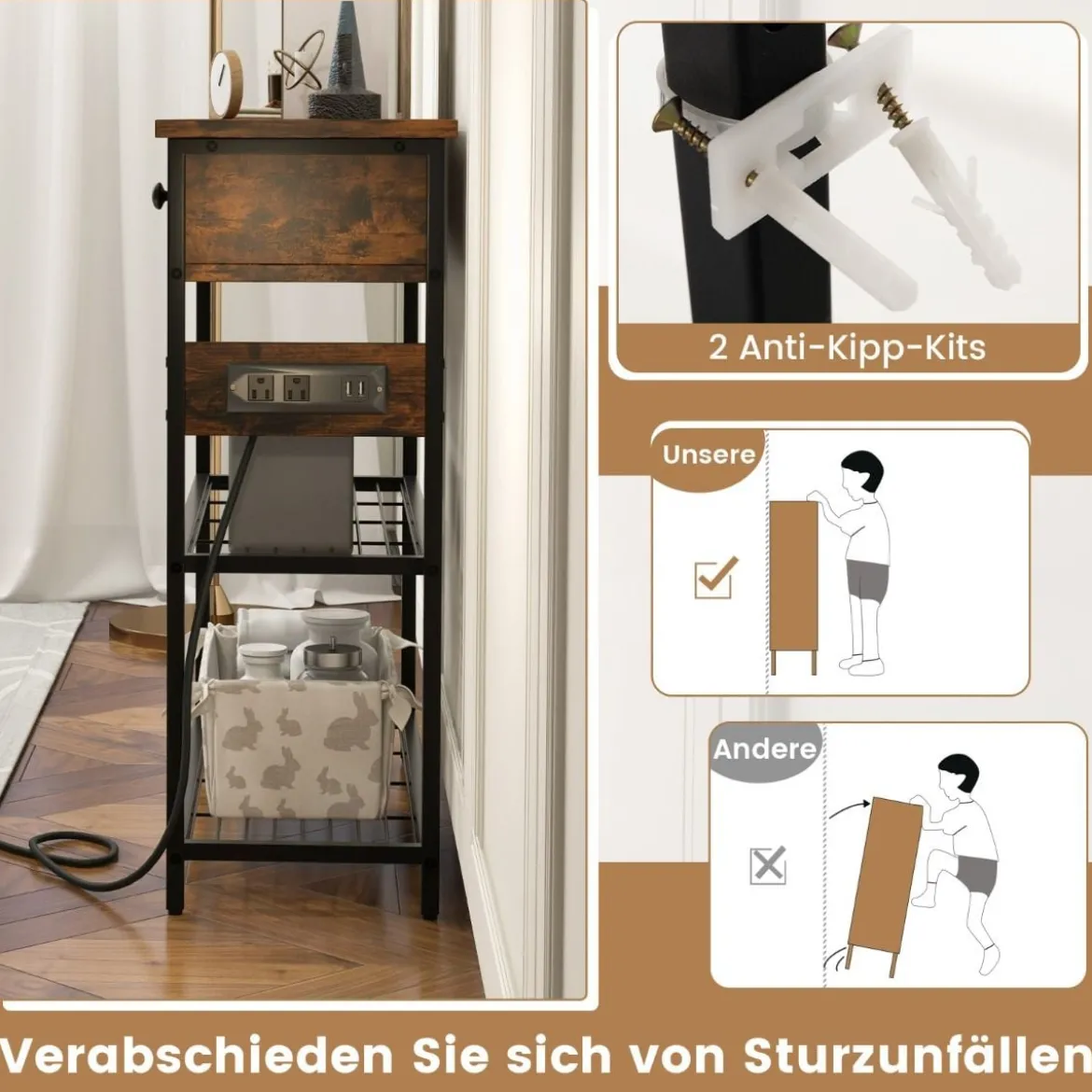 Eingangstisch Ladestation mit 2 Schubladen & 2 Metallgitterregalen Rustikales Braun