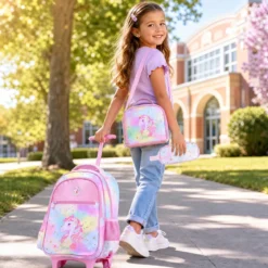 Einhorn Kinder Schulrucksack mit Rollen 3-teiliges Rollrucksack Set Einhorn Mehrfarbig M