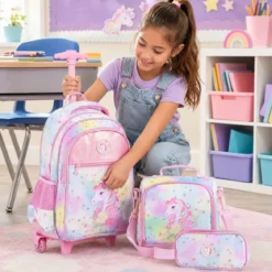 Einhorn Kinder Schulrucksack mit Rollen 3-teiliges Rollrucksack Set Einhorn Mehrfarbig M