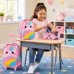 Einhorn Kinder Schulrucksack mit Rollen 3-teiliges Rollrucksack Set Einhorn Mehrfarbig S